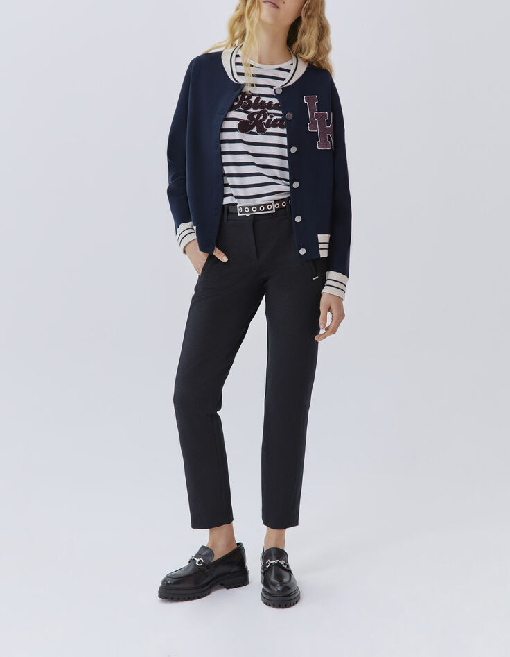 Tee-shirt gris chiné rayé broderie bouclette Femme-5 Tee-shirt gris chiné rayé broderie bouclette Femme-5