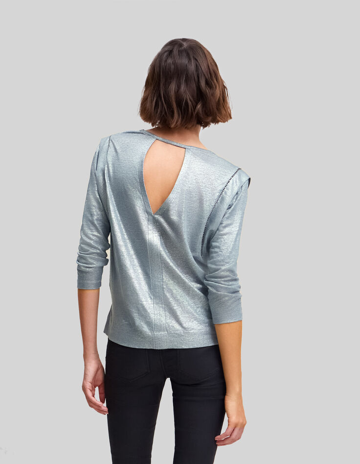 Tee-shirt bleu orage lin foil décor micro perles Femme-3