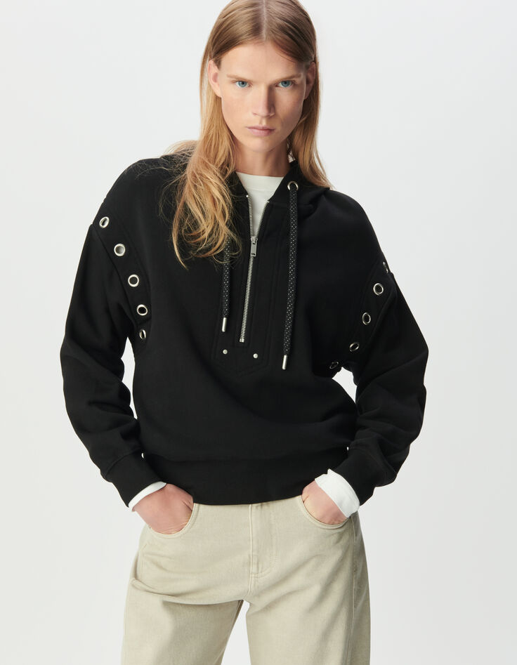 Zwarte hoodie biokatoen maxi-oogjes Dames-2