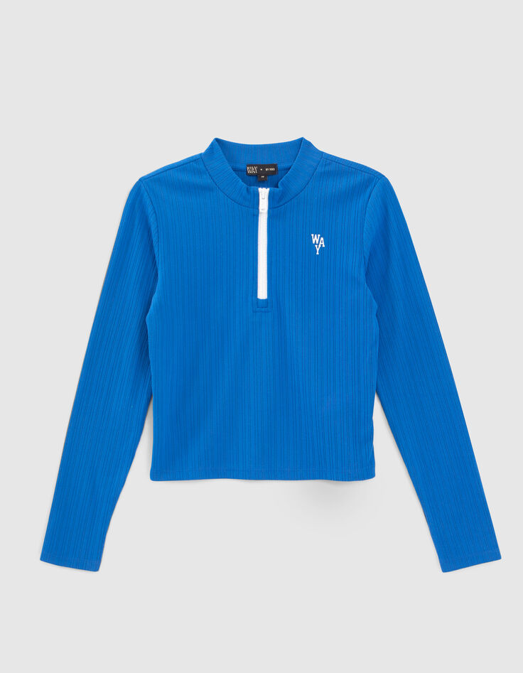 Blaues Mädchenshirt aus Rippstrick mit Reißverschluss-1