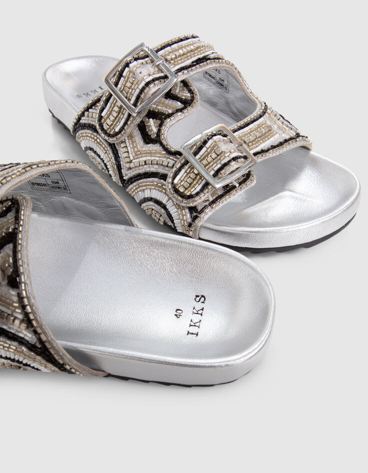 Mules silver cuir m&eacute;tallis&eacute; broderies perles Femme-7