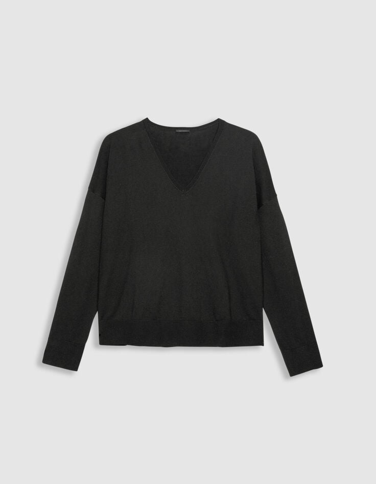 Pull encolure V noir tricot fin oversize Femme-5 Pull encolure V noir tricot fin oversize Femme-5