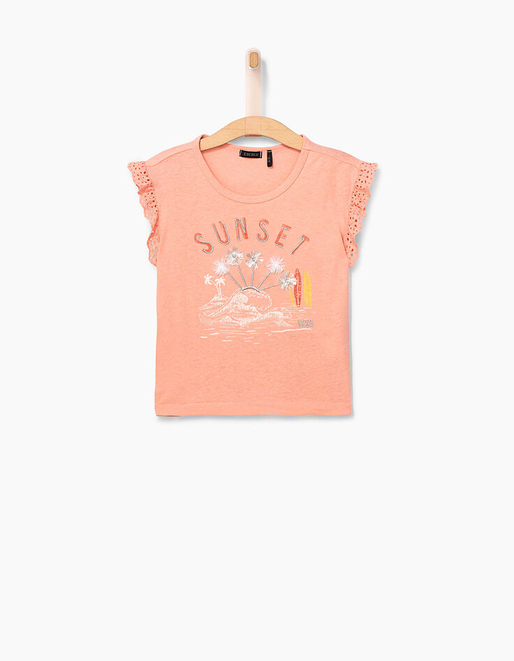 Camiseta melocotón Sunset bordado palmeras niña-1 Camiseta melocotón Sunset bordado palmeras niña-1