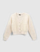 Girls&rsquo; ecru mixed fabric knit cardigan-1