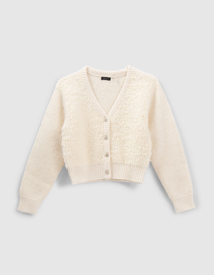 Girls&rsquo; ecru mixed fabric knit cardigan-1