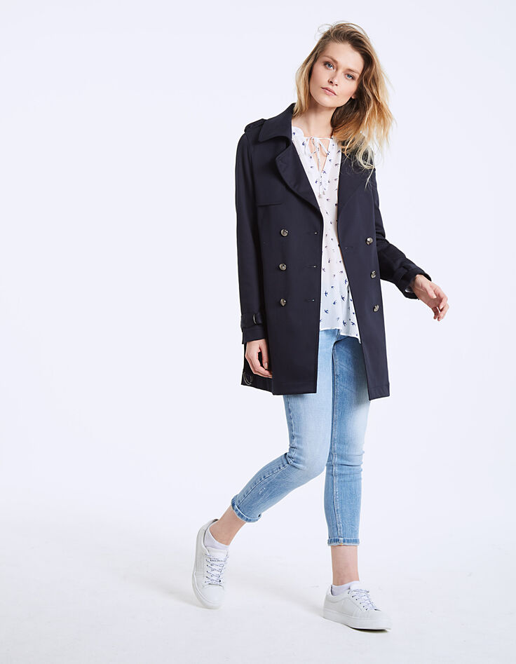 Trench largo marino de gabardina de algodón mujer-6