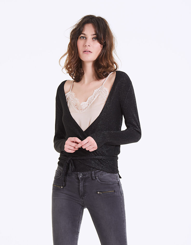 Cardigan cache-cœur noir métallisé femme-2