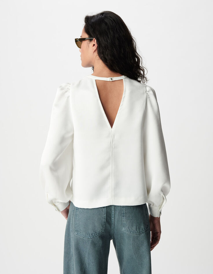 Women's white satin V-neck blouse-3