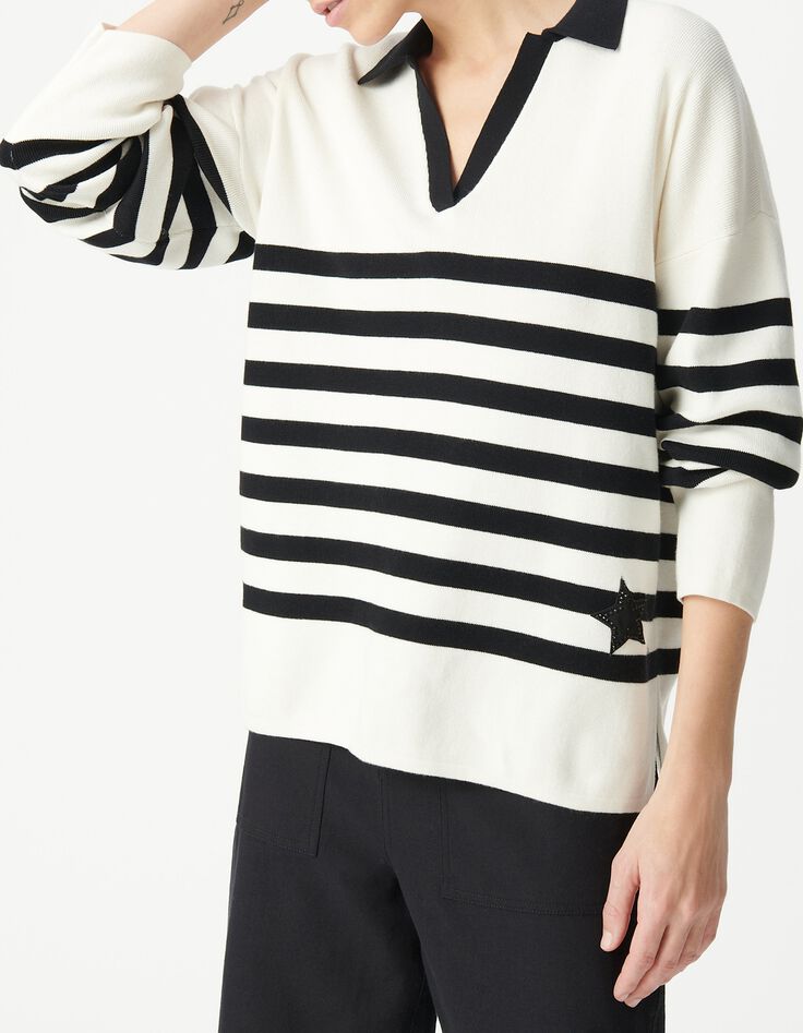 Black and ecru striped sailor sweater with contrasting polo collar Women-2