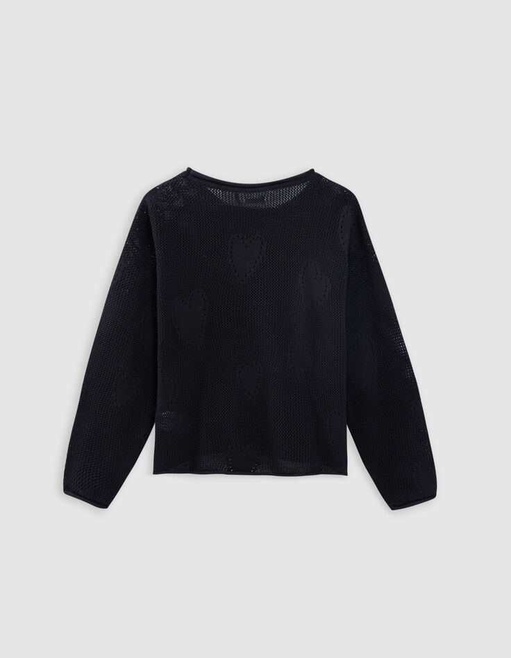 Pull noir tricot ajouré motif cœurs fille-5