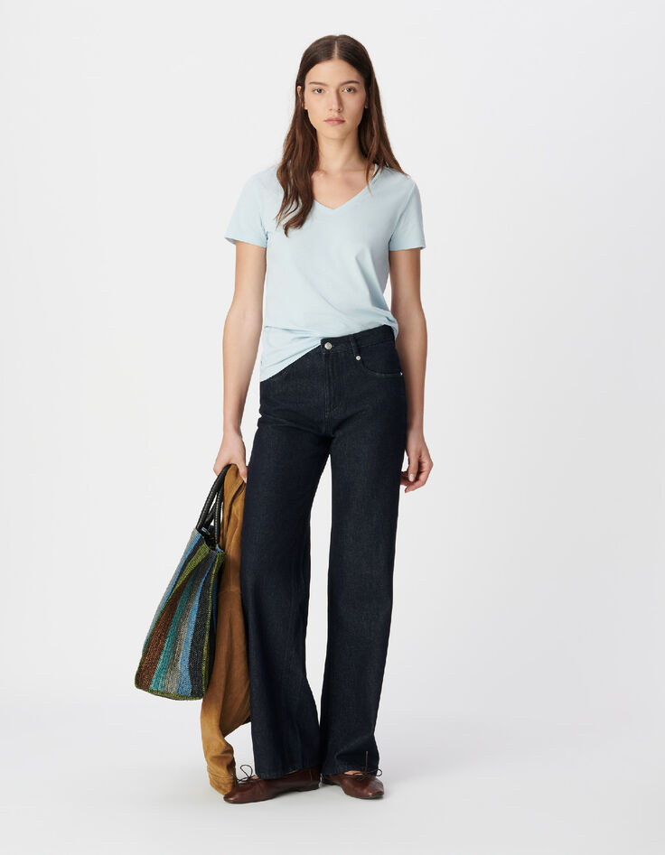 Tee-shirt col V bleu Femme-1