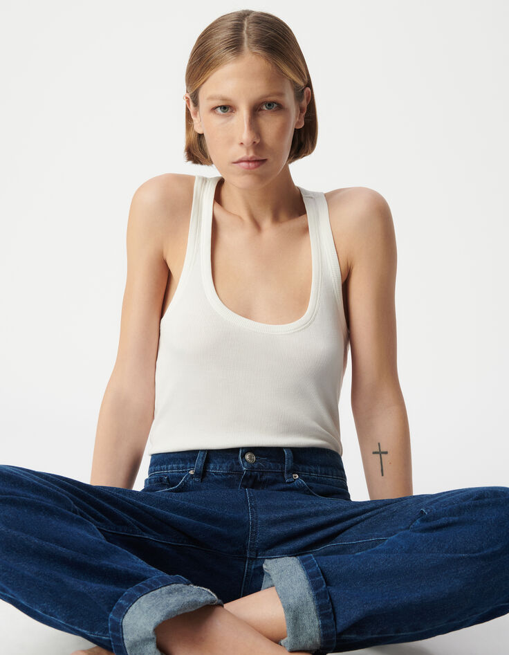 Damesblauwe boyfriendjeans met bijsnijding-7