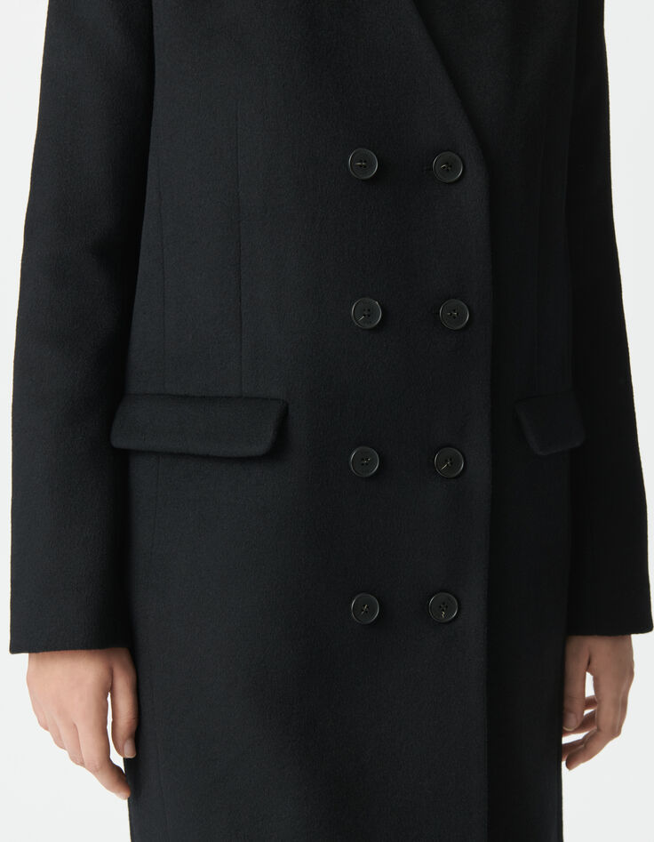 Manteau long noir parementure à capuche amovible Femme-5