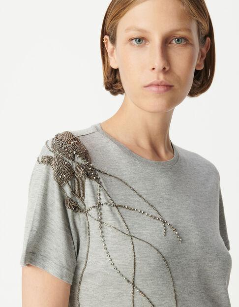 Grijs Dames T-shirt met gemetalliseerde kralen op schouder - IKKS