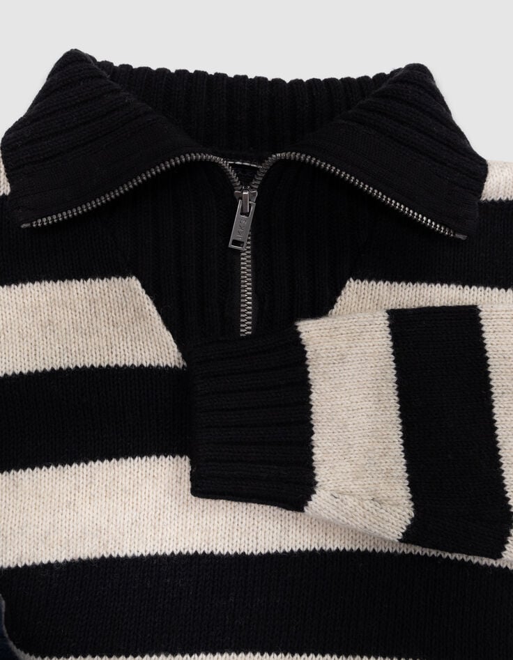 Schwarzer Jungenstrickpullover beigefarbene Streifen-5