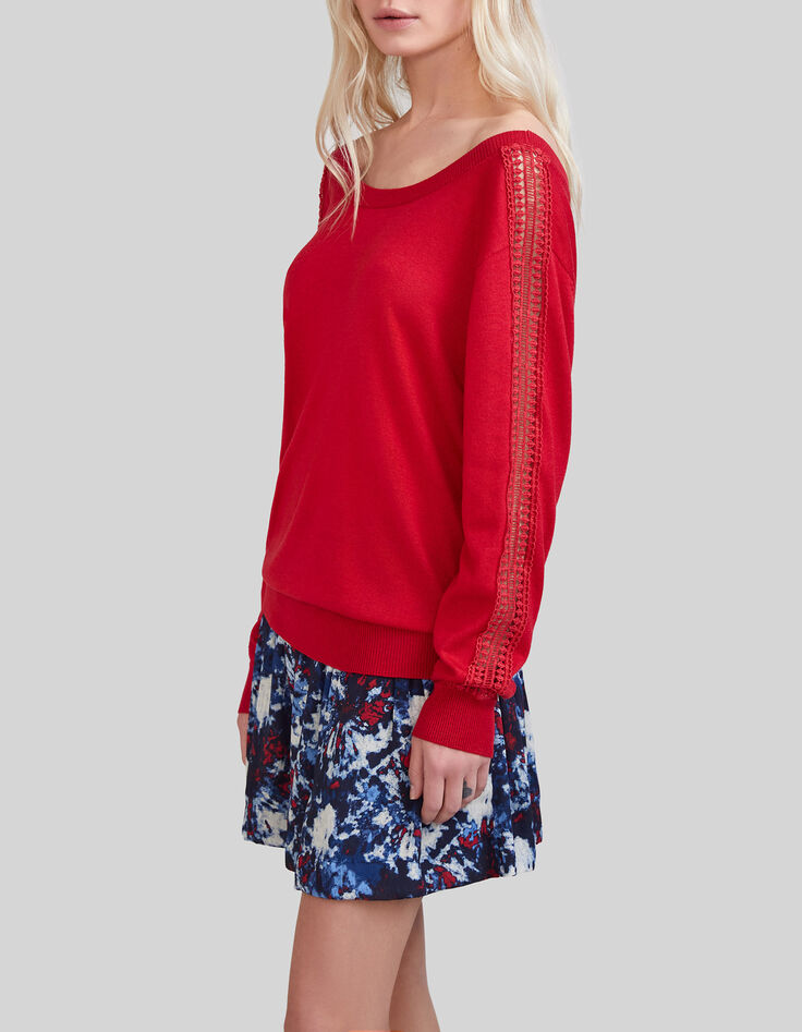 Women’s red knit cardigan with guipure lace sleeves-4