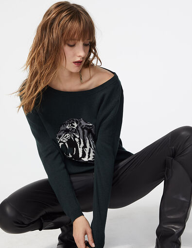 Jersey verde de mayoría lana jacquard tigre mujer - IKKS