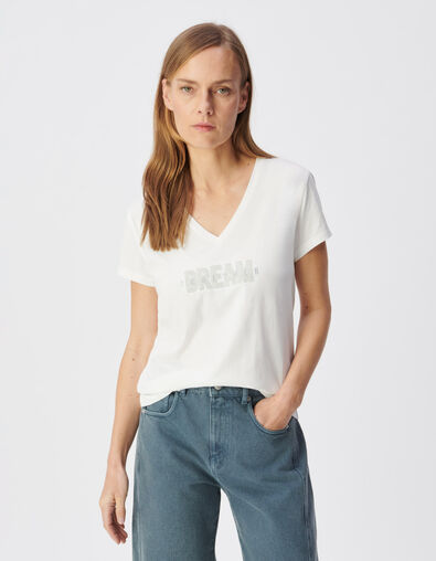 Women's white V-neck tee with embroidered message - IKKS
