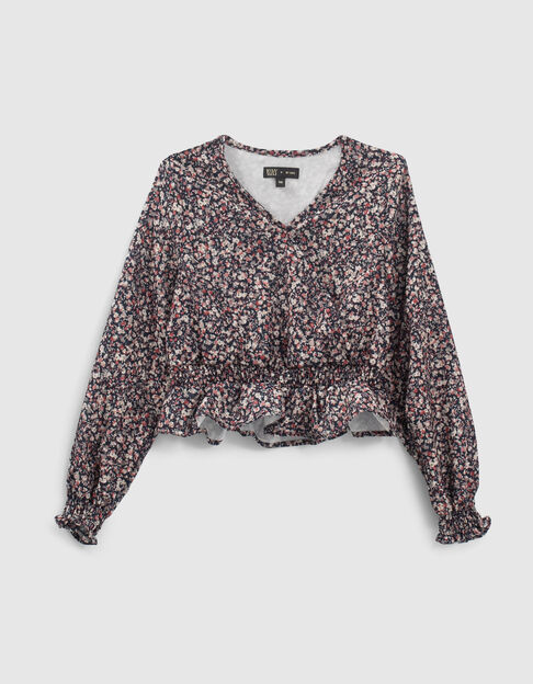 Blaue Crop-Mädchenbluse mit Wickelausschnitt und Blumen