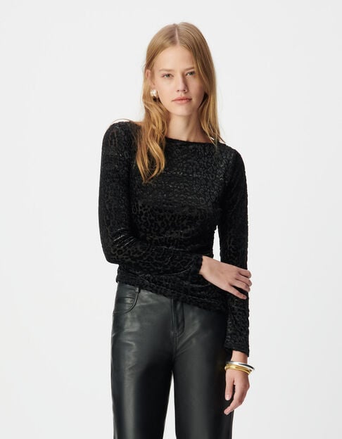 Women’s black velvet T-shirt with leopard motif - IKKS