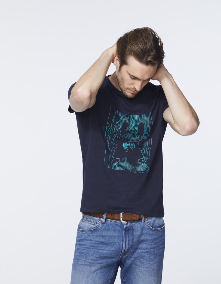 Dunkelblaues Herren-T-Shirt mit Streifen-Gesicht-Roboter-2