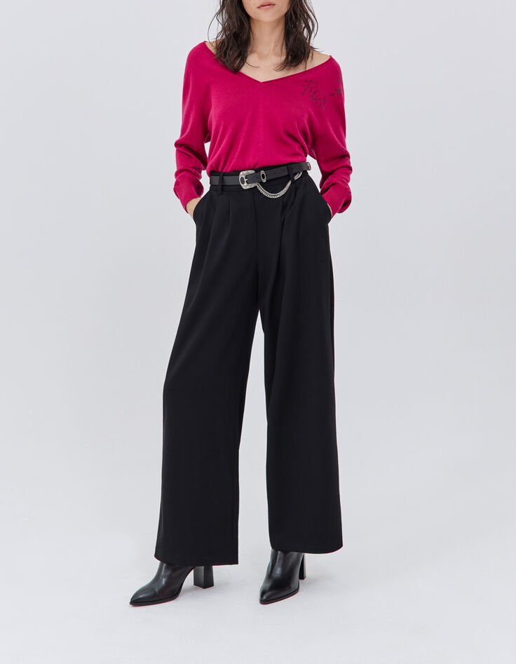 Pull rose en tricot à décor rock strass Femme-1