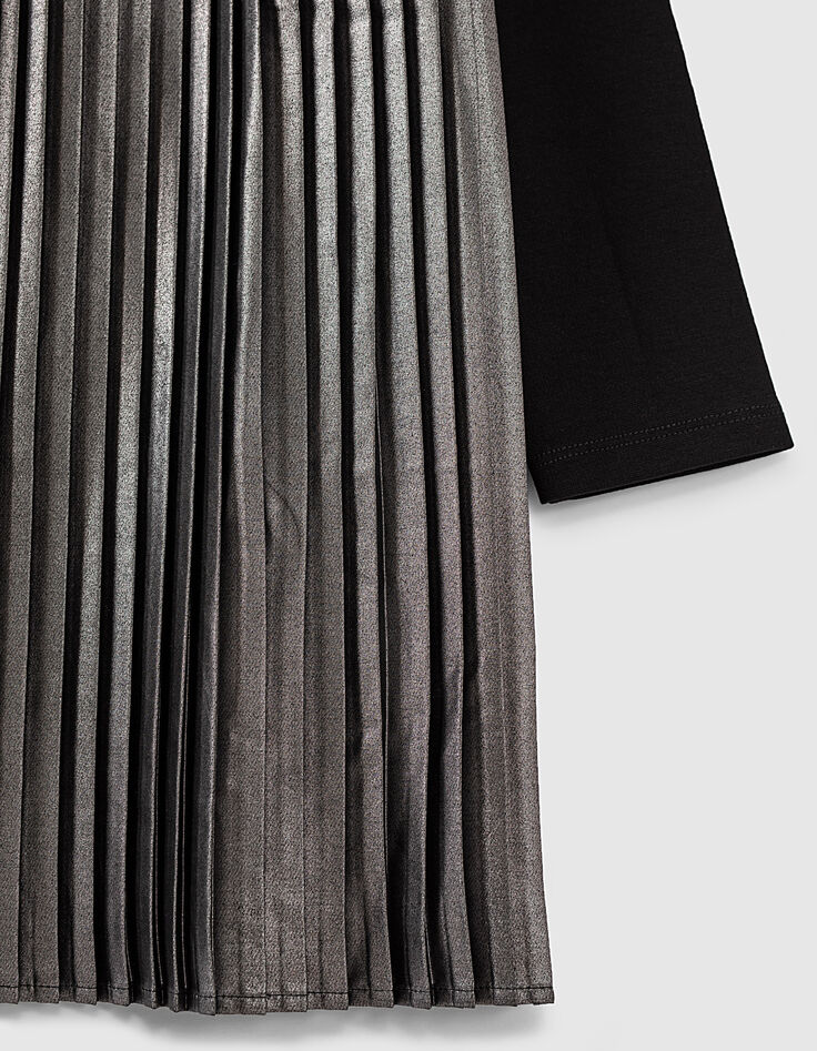 Robe courte noire et argent bi matière plissée fille-5