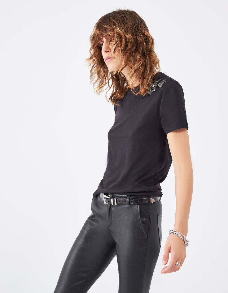 Tee-shirt en coton noir broderie étoiles épaules femme-1