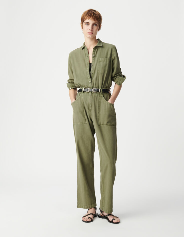 Women's elasticated waist soft khaki denim jumpsuit-1