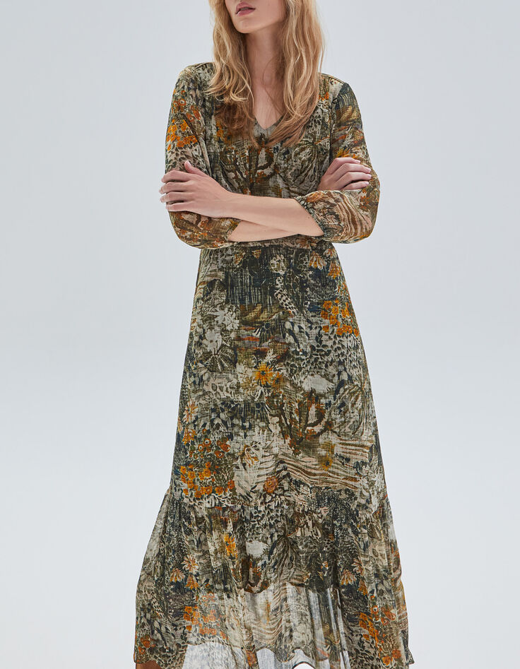 Women’s khaki landscape print long dress-7