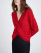 Women’s red knit sweater with bow sewn on back-1