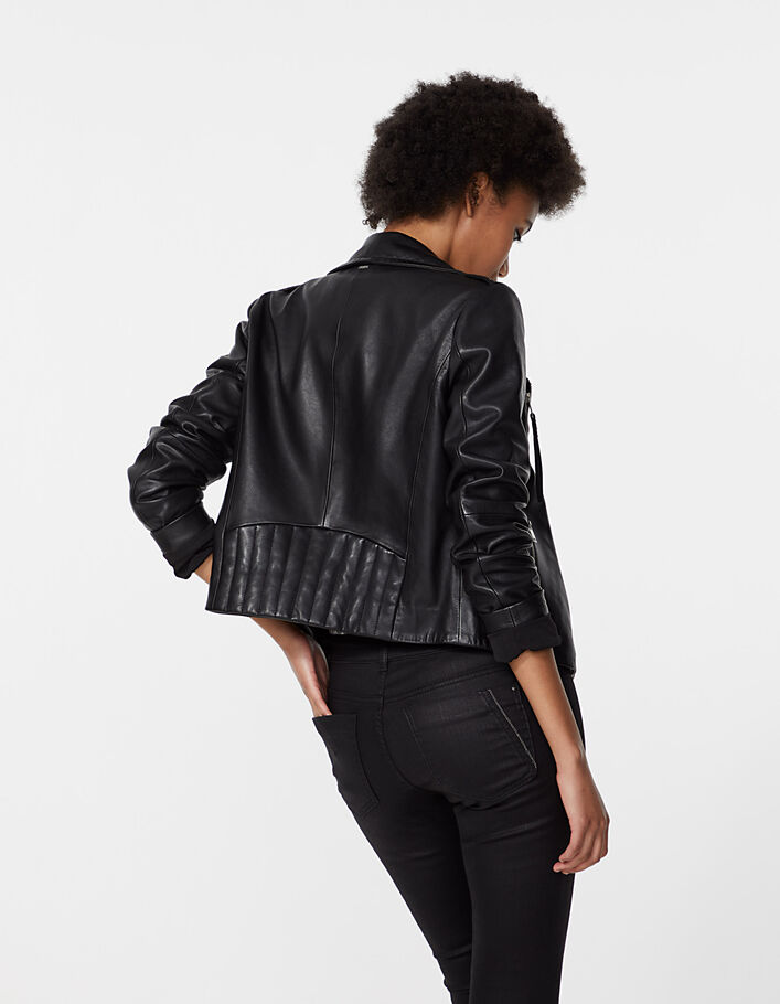Women’s black zipped pocket lambskin leather jacket - IKKS