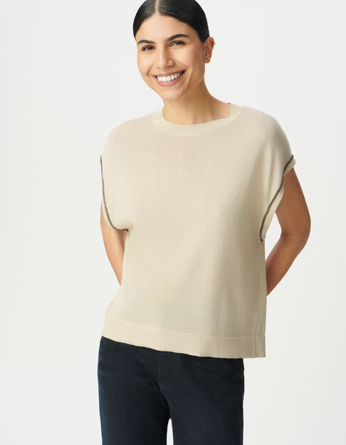 Women’s beige fine lurex knit sweater with chains - IKKS
