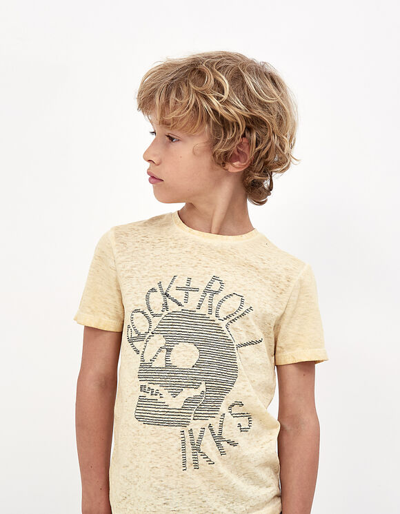 Kornbraunes Jungen-T-Shirt mit Skull-Stickmotiv, Bio 
