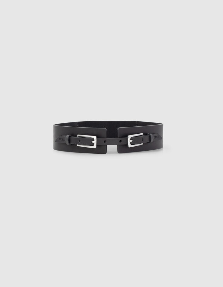 Ceinture en cuir noir double boucle ardillon femme-1