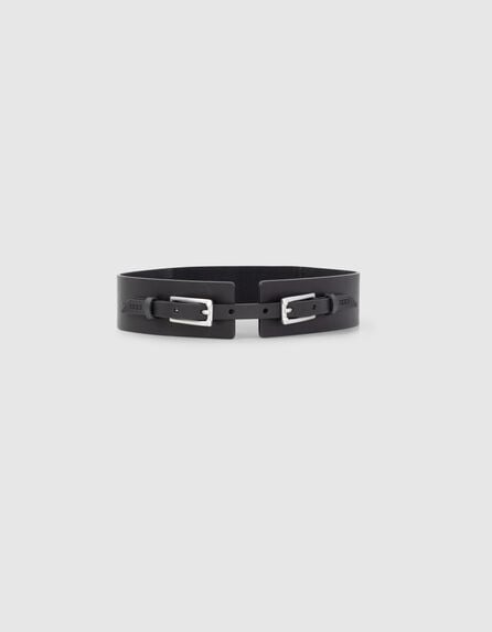 Women’s black leather belt with double pin buckle