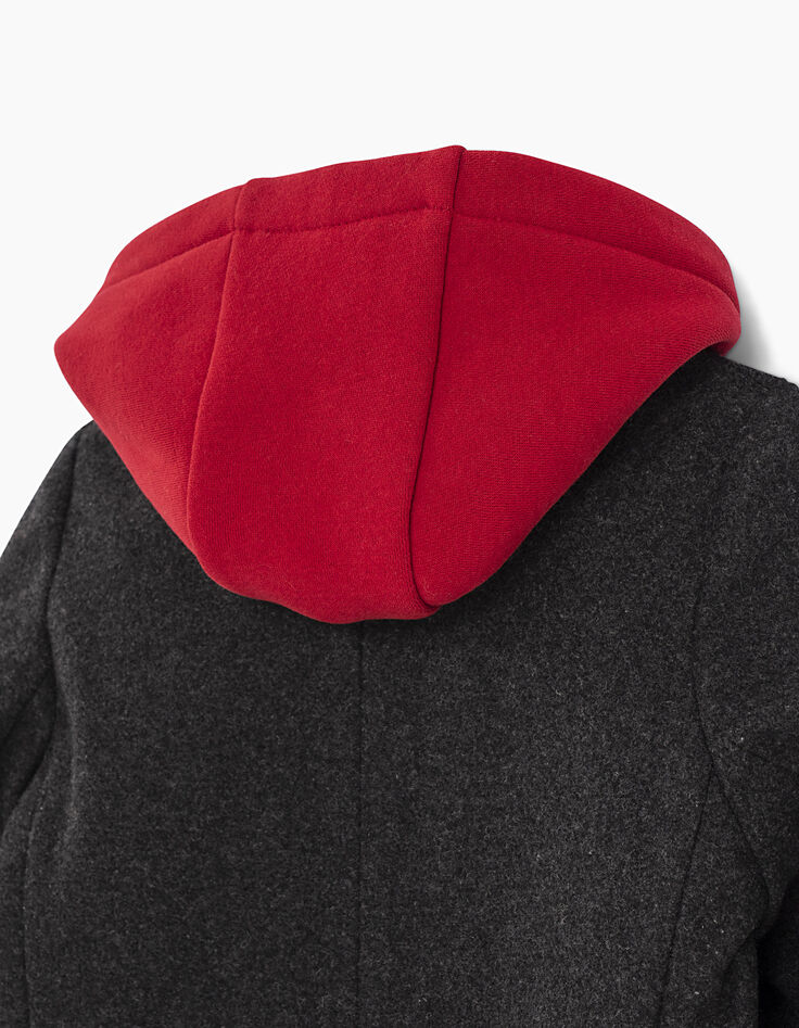 Girls’ grey coat, removable red sweatshirt fabric hood-7