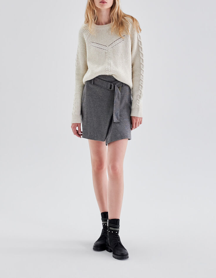 Jupe courte gris faux-uni portfeuille Femme-1