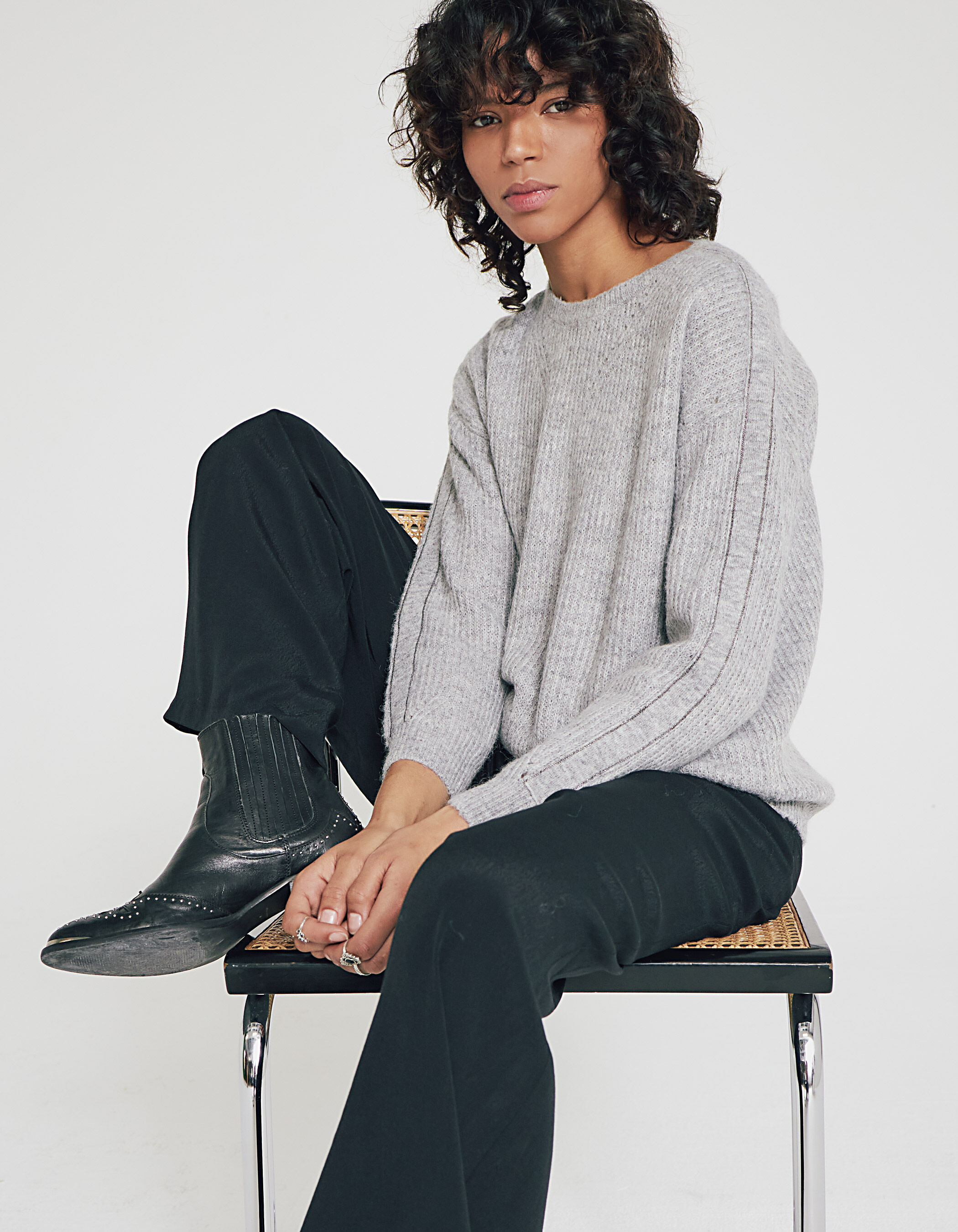 Women s grey knit boat neck sweater with sleeve detail