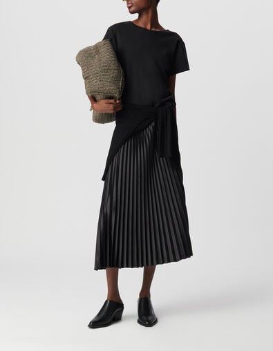 Women's black two-material pleated maxi dress - IKKS