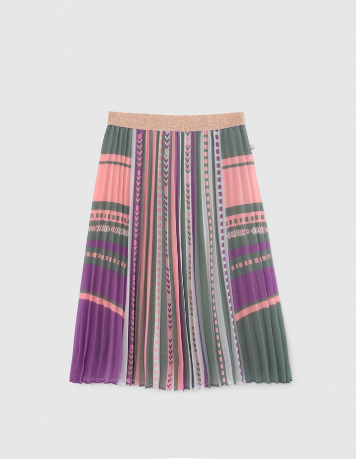 Girls' khaki pleated long skirt with ethnic motif - IKKS