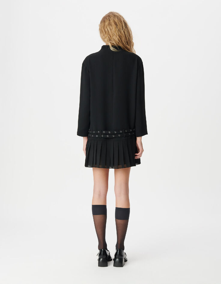 Robe courte noire pliss&eacute;e avec ceinture &agrave; &oelig;illets Femme-3