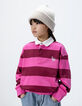 Polo rose coton bio rayures bordeaux col blanc fille-1