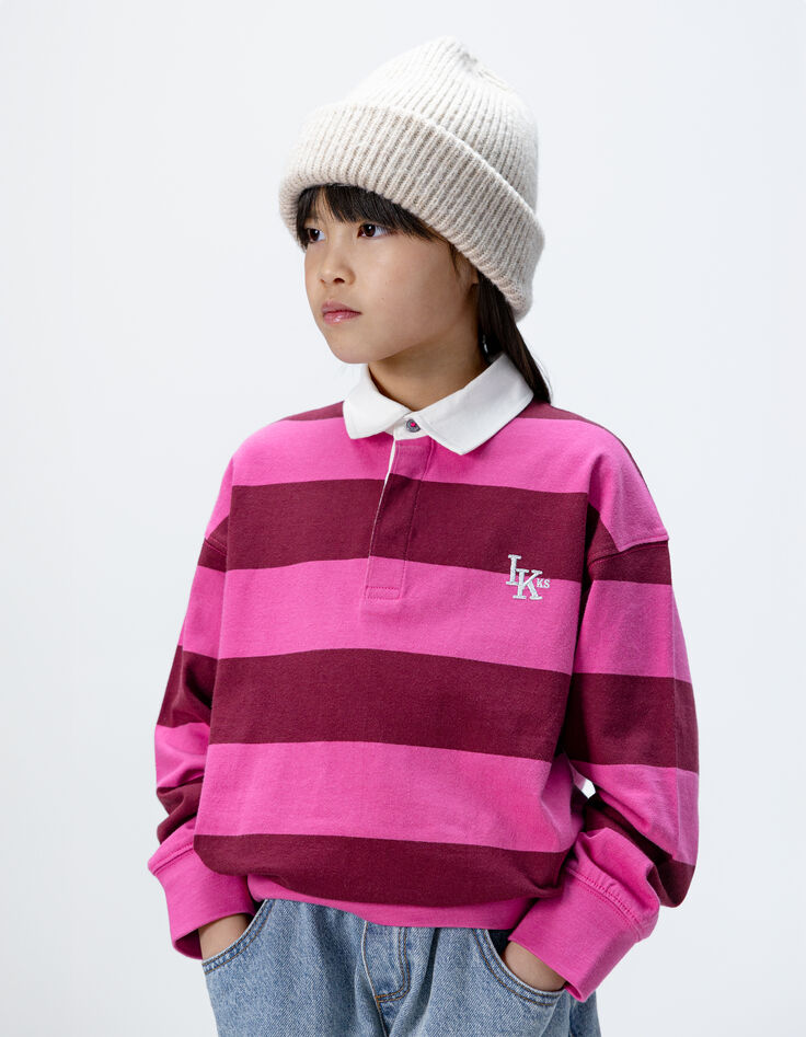 Polo rose coton bio rayures bordeaux col blanc fille-1