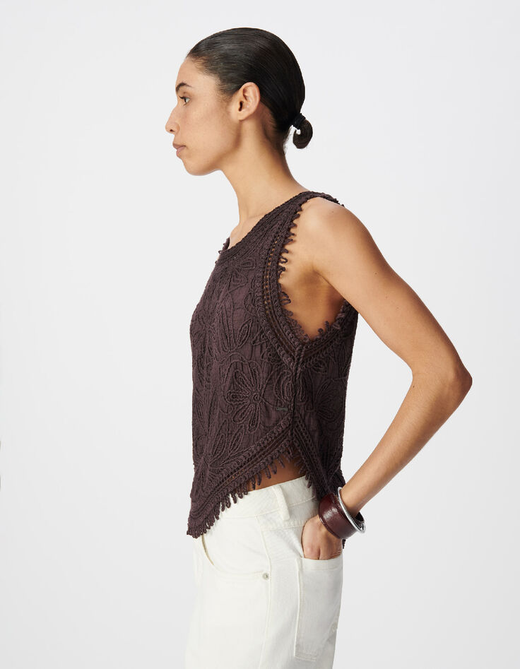Top sans manches bordeaux motifs brod&eacute;s crochet Femme-5