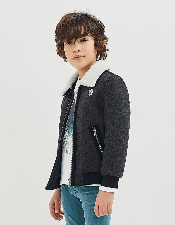 Boys’ anthracite grey marl Sherpa collar jacket-1