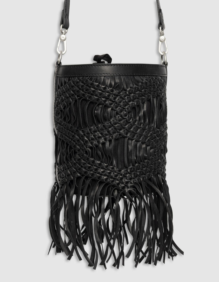 Schwarze Beuteltasche, Leder, Macramé, Fransen -2