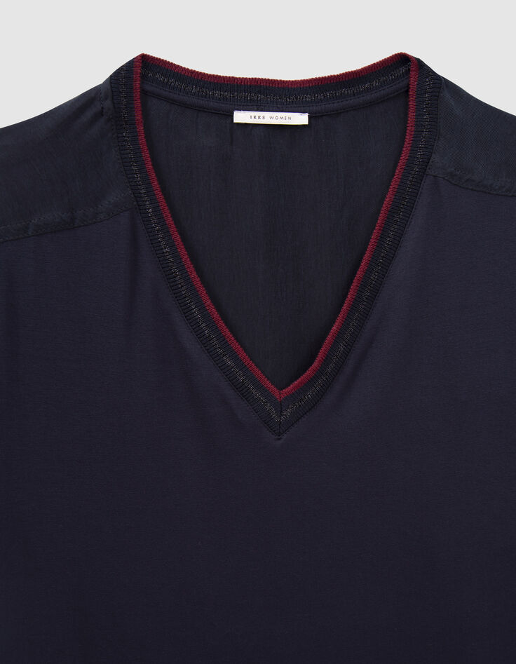 Women’s navy T-shirt with navy striped ribbing-2