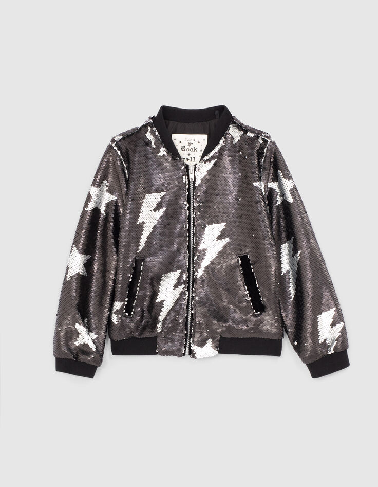 Girls’ black bomber jacket with reversible sequins-1