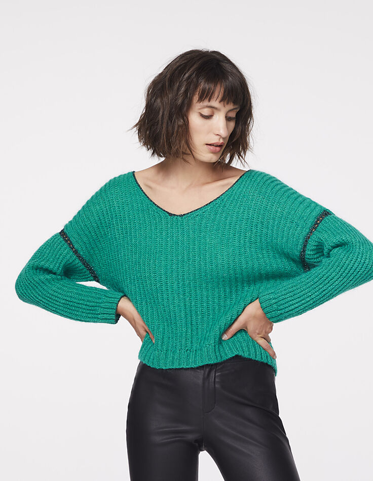 Pull cropped vert en laine mousseuse femme-2